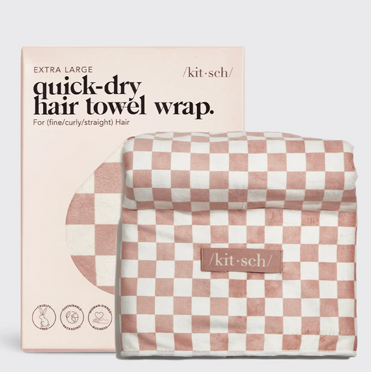 XL Quick-Dry Terracotta Checkered Hair Towel Wrap